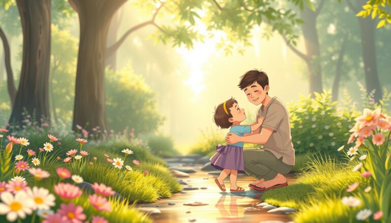 A practitioner kneeling beside a younger version of themselves in a sunlit garden, a gentle scene of emotional reconnection.